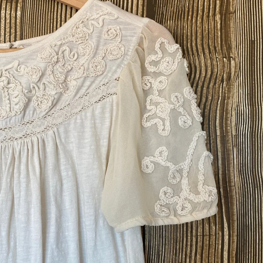 Anthropologie Blouse Sz XS White Embroidered Sheer Lace Puff Sleeve Peasant Boho